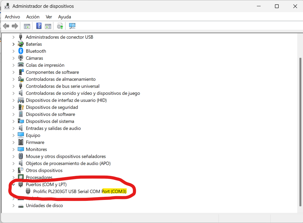Puerto COM asignado a la interfaz Serial-USB en el Administrador de dispositivos