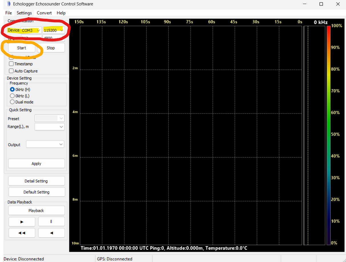 Configuración del puerto COM y velocidad, botón Start en el Echosounder Control Software