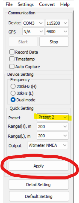 Selección de Preset 2 y botón Apply en Device Setting