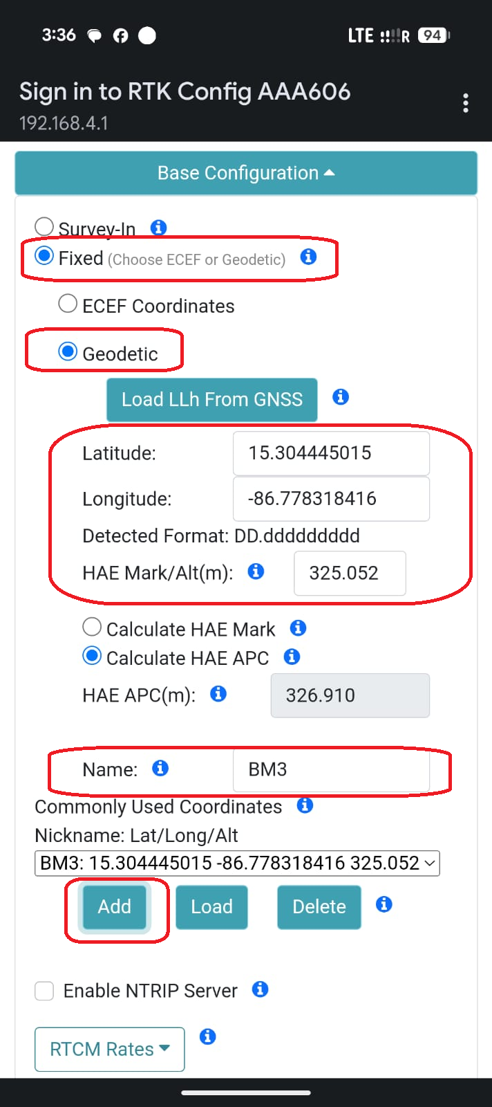 Configuración Fixed/Geodetic con las coordenadas de la base