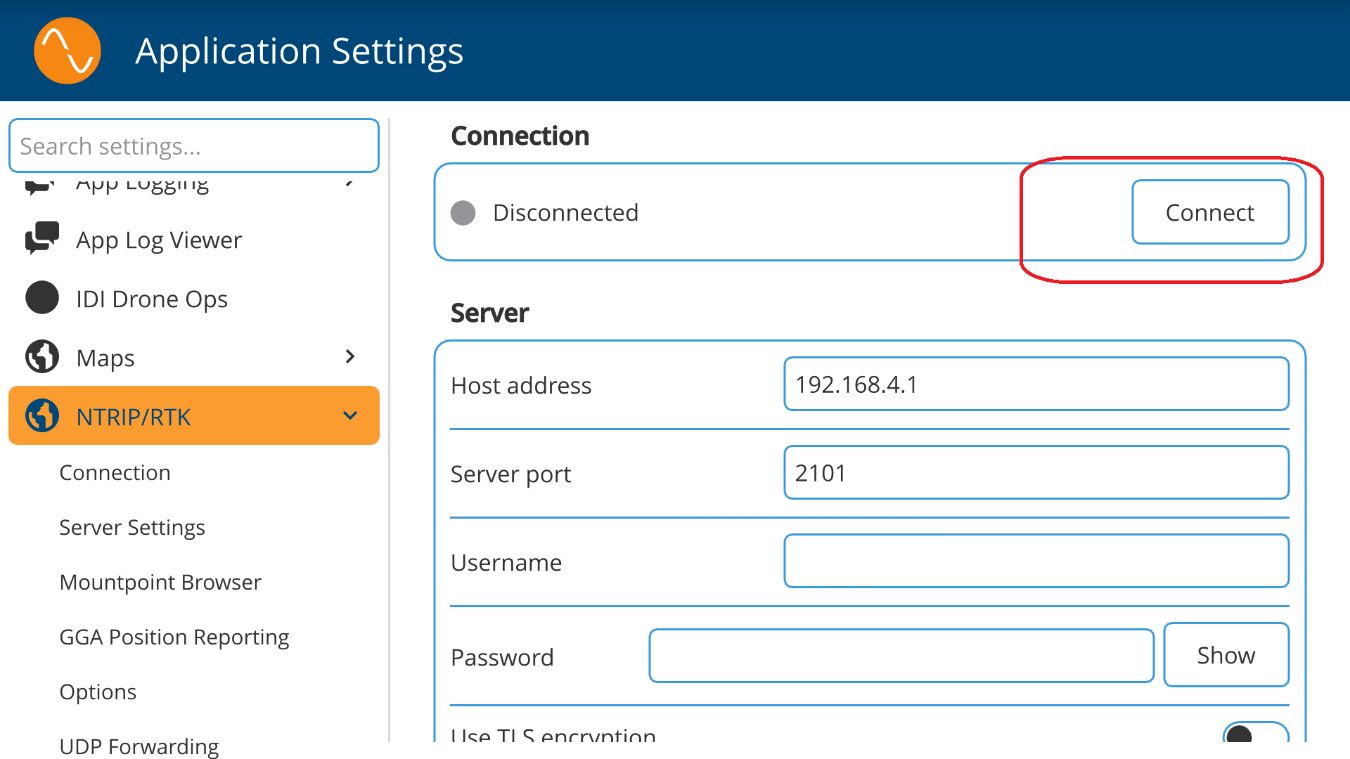 Botón Connect en la configuración NTRIP/RTK de QGroundControl