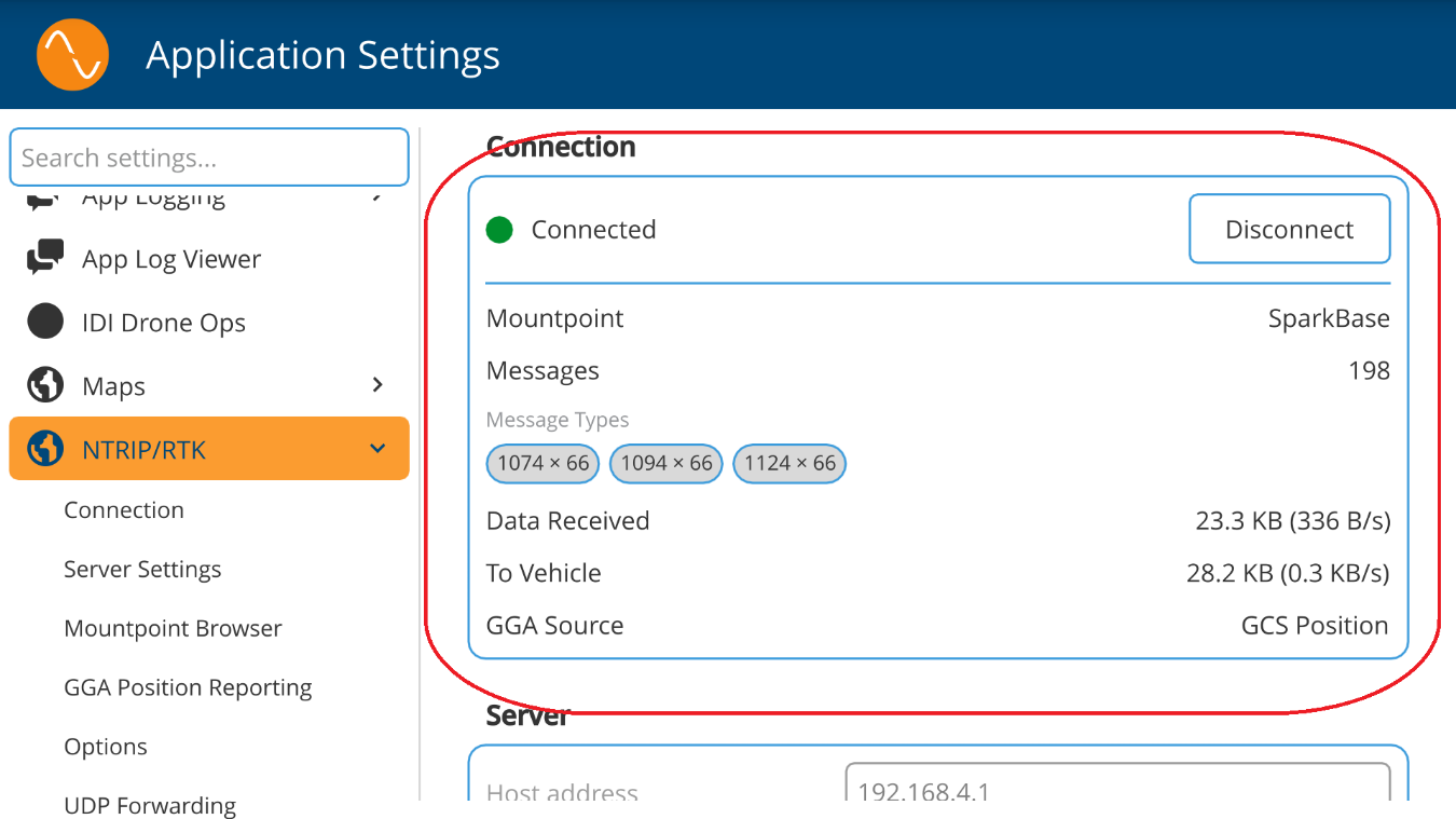 Conexión NTRIP activa recibiendo correcciones RTK